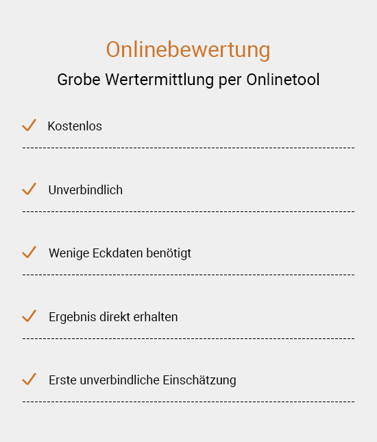 Onlinebewertung - Grobe Wertermittlung per Onlinetool: kostenlos, unverbindlich, wenige Eckdaten benötigt, Ergebnis direkt erhalten, erste unverbindliche Einschätzung