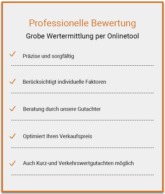 Professionelle Bewertung - Vor-Ort-Wertermittlung für den Verkauf: präzise und sorgfältig, berücksichtigt individuelle Faktoren, Beratung durch unsere Gutachter, optimiert Ihren Verkaufspreis, auch Kurz-und Verkehrswertgutachten möglich